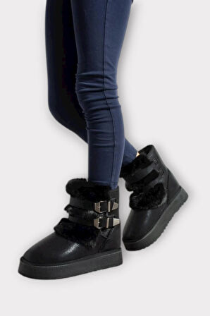 İçi Kürklü Çift Kemerli Kalın Taban Kız Çocuk Bot SİYAH