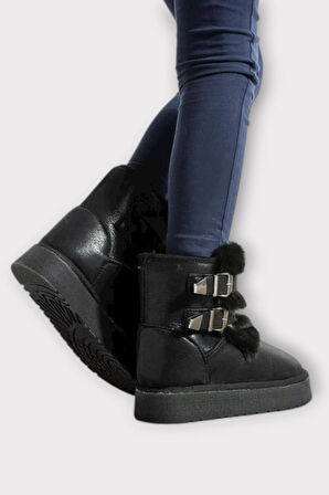 İçi Kürklü Çift Kemerli Kalın Taban Kız Çocuk Bot SİYAH