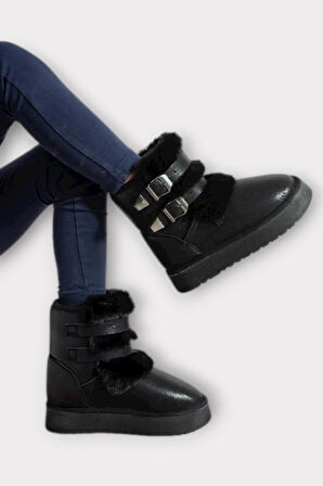 İçi Kürklü Çift Kemerli Kalın Taban Kız Çocuk Bot SİYAH