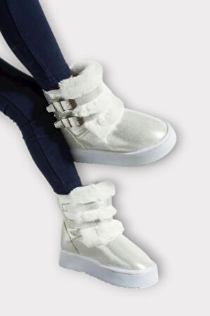 İçi Kürklü Çift Kemerli Kalın Taban Kız Çocuk Bot BEYAZ