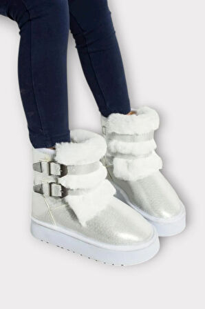 İçi Kürklü Çift Kemerli Kalın Taban Kız Çocuk Bot BEYAZ