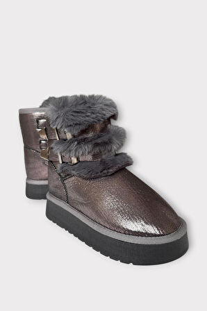 İçi Kürklü Çift Kemerli Kalın Taban Kız Çocuk Bot PLATİN