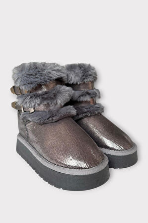 İçi Kürklü Çift Kemerli Kalın Taban Kız Çocuk Bot PLATİN
