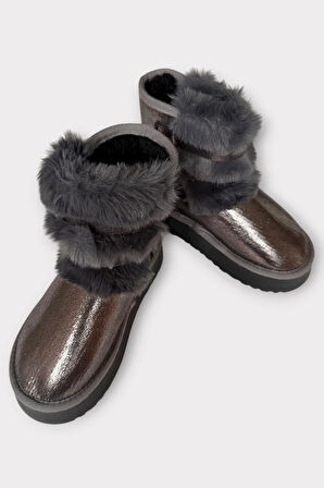 İçi Kürklü Çift Kemerli Kalın Taban Kız Çocuk Bot PLATİN