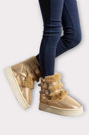 İçi Kürklü Çift Kemerli Kalın Taban Kız Çocuk Bot BRONZ