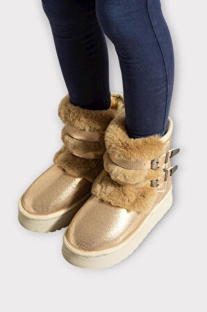 İçi Kürklü Çift Kemerli Kalın Taban Kız Çocuk Bot BRONZ