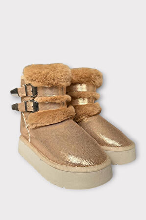 İçi Kürklü Çift Kemerli Kalın Taban Kız Çocuk Bot BRONZ