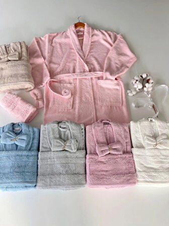 MYSOFT BAMBU TEKLİ BORNOZ SETİ-KREM