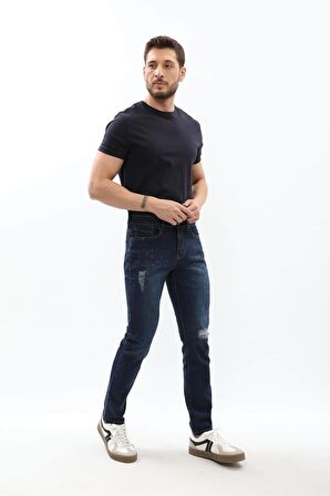 Erkek Dizi Yırtık Slim Fit Boya Detay Jean Pantolon