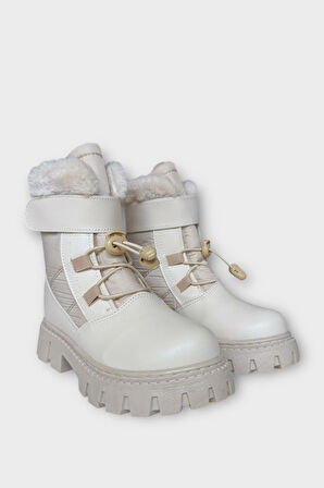 Kız Çocuk Cırtlı Akıllıı Bağcıklı Kürklü Su ve Soğuğa Dayanıklı Bot BEJ