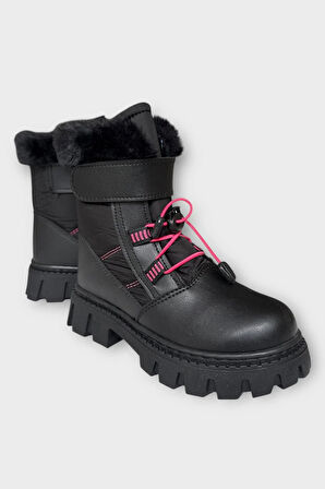 Kız Çocuk Cırtlı Akıllıı Bağcıklı Kürklü Su ve Soğuğa Dayanıklı Bot SİYAH - FUŞYA