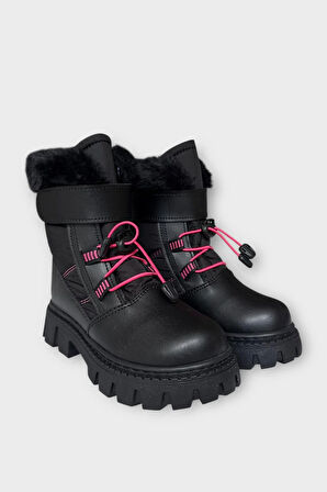 Kız Çocuk Cırtlı Akıllıı Bağcıklı Kürklü Su ve Soğuğa Dayanıklı Bot SİYAH - FUŞYA