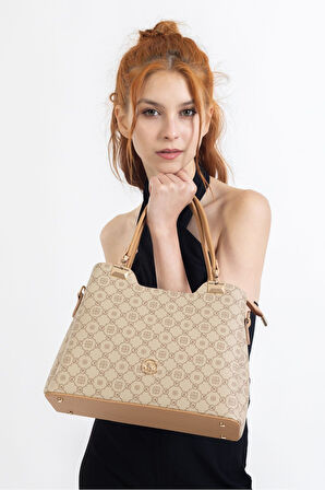 Krem Kadın Uzun Askılı Bölmeli El ve Omuz Çantası