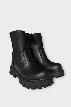 Kız Çocuk Lastik Detaylı Kalın Taban Bot SİYAH