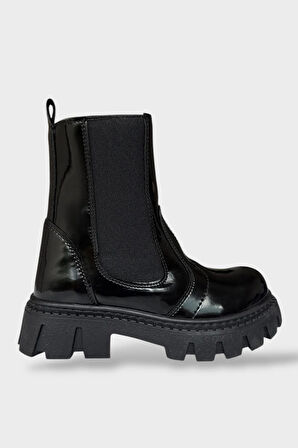 Kız Çocuk Lastik Detaylı Kalın Taban Bot SİYAH - SİYAH