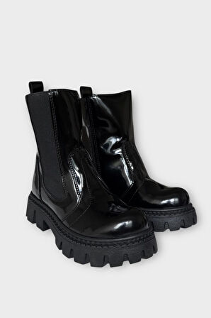 Kız Çocuk Lastik Detaylı Kalın Taban Bot SİYAH - SİYAH