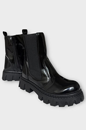 Kız Çocuk Lastik Detaylı Kalın Taban Bot SİYAH - SİYAH