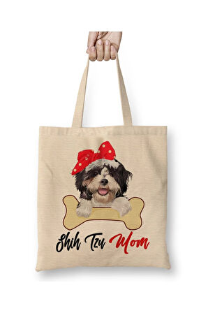 Shih Tzu Mom Dog Owner Mothers Day Gift Köpek Annesi Beyaz Bez Çanta Uzun Saplı Alışveriş Çantası