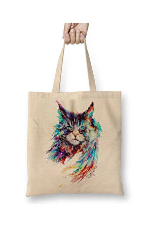 Trius Animals Gato Renkli Kedi Cat Beyaz Bez Çanta Uzun Saplı Alışveriş Çantası Plaj Çantası