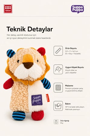 Suppa Puppa Serisi Sesli & Hışırtılı Aslan Peluş Köpek Oyuncağı - Küçük Irk & Yavru Çiğneme Oyuncağı