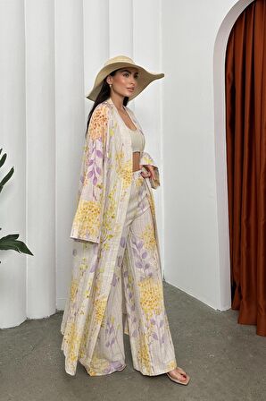 Kadın Desenli Keten Ikili Kimono Takım