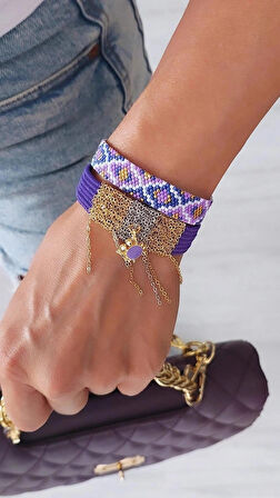 Mor Makrome  Charm Bileklik 