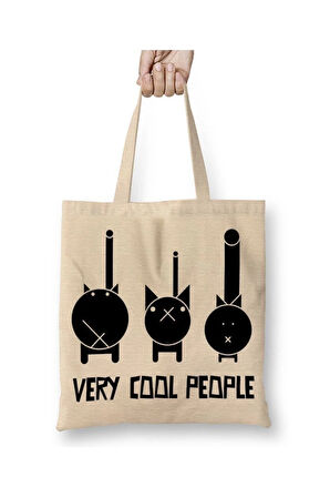 Very Cool Cats Cool Kediler Beyaz Bez Çanta Uzun Saplı Alışveriş Çantası Plaj Çantası