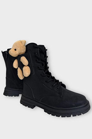 Ayıcıklı Fermuarlı Soğuk Geçirmez Günlük Kız Çocuk Botu SİYAH