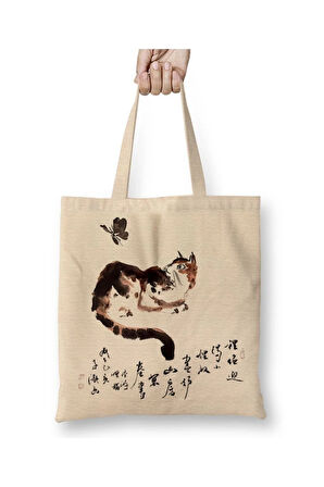 Cat Butterfly Kedi Bez Çanta Uzun Saplı Alışveriş Çantası Plaj Çantası