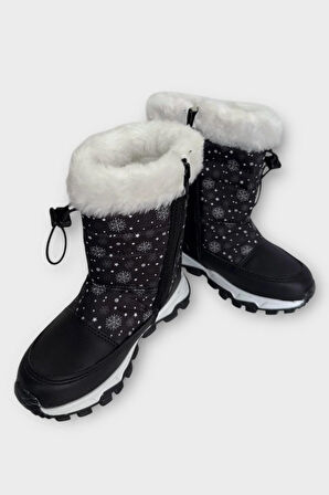 Su İtici Ayarlı Bağcıklı Kürklü Kız Çocuk Botu SİYAH