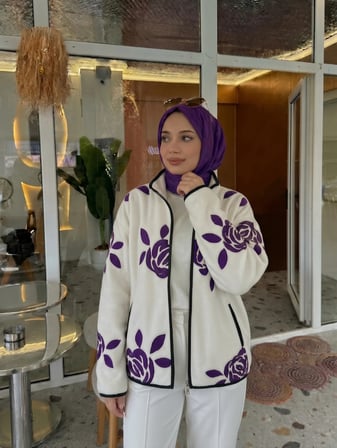 Gül Desenli Polar Hırka / Fermuarlı Ceket Mor