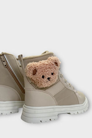 Ayıcıklı Fermuarlı Soğuk Geçirmez Günlük Kız Çocuk Botu BEJ