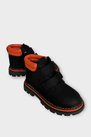 Çift Cırtllı İçi Polarlı Kaydırmaz Taban Çocuk Bot SİYAH - TURUNCU