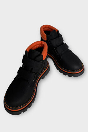 Çift Cırtllı İçi Polarlı Kaydırmaz Taban Çocuk Bot SİYAH - TURUNCU