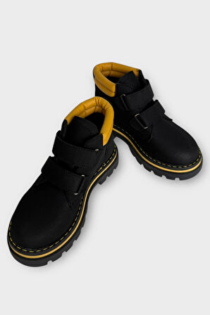 Çift Cırtlı İçi Polarlı Kaydırmaz Taban Çocuk Bot SİYAH - SARI