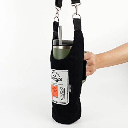 Woodycord El Yapımı Turuncu Vintage Matara Termos Kılıfı Kulplu Model Quencher Pipetli 1,18