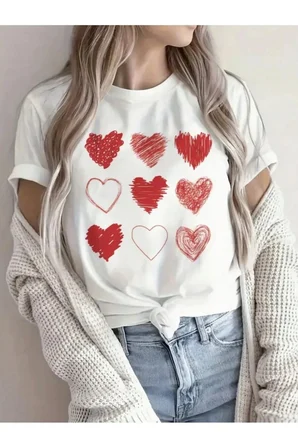 Unisex Kırmızı Kalpler Baskılı Tasarım Tshirt