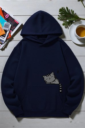 Unisex Uyuyan Kedi Baskılı kapüşonlu Sweatshirt