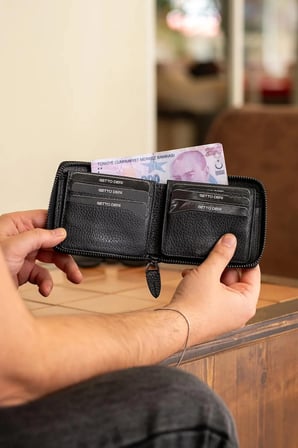 Byanca Hakiki Deri Fermuarlı Cüzdan - Floter Siyah
