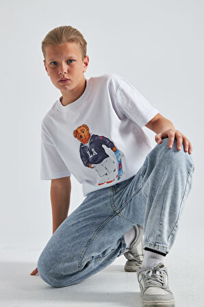 Teddy Bear Kaykay Tasarım  Baskılı %100 Pamuk Erkek Oversize Çocuk Tişört