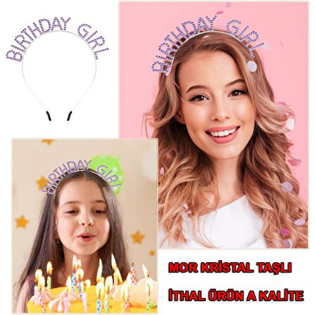Periboia Mor Renk Kristal Taşlı Parlak Birthday Girl Yazılı Taç