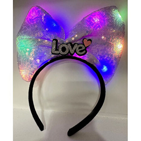 Periboia Led Işıklı Gümüş Love Yazılı Lila Fiyonk Taç