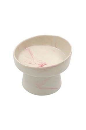 Mermer Desenli Yükseltilmiş Seramik Kedi Mama ve Su Kabı - Pembe Geçişli