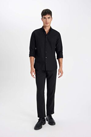 DeFacto Modern Fit Polo Yaka Petek Dokulu Basic Düz Uzun Kollu Siyah Gömlek B7383AX24SPBK27