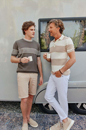 Standart Fit Normal Kesim %100 Pamuk Çizgili Bisiklet Yaka Triko Tişört