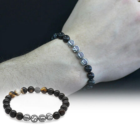 Süleyman Akik Metal Kombinli Kişiye Özel İsim Yazılı Küre Kesim Doğaltaş Bileklik