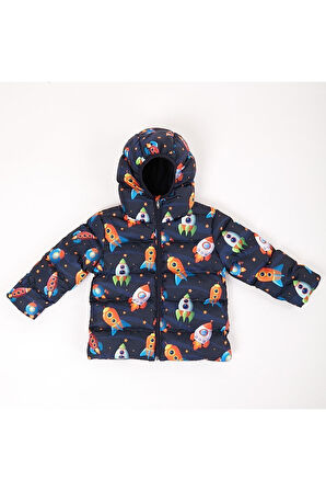 Spor Kız Çocuk Polarlı Kürklü Kapüşonlu Roket Desenli Şişme Mont Parka