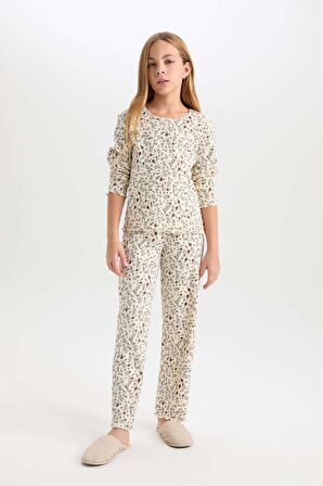 DeFacto Kız Çocuk Pijama Takımı Çiçekli Bisiklet Yaka Uzun Kollu Üst Uzun Alt D6052A824AUBG107