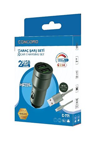 Concord C-771 Micro Kablo ve Metal Başlık Araç Şarj Seti 2.4A + 3.5A 23W