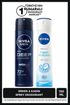 Nivea MEN Erkek Sprey Deodorant Deep Dimension 150ml ve Kadın Deodorant Fresh Natural 150ml, Ter Koruması